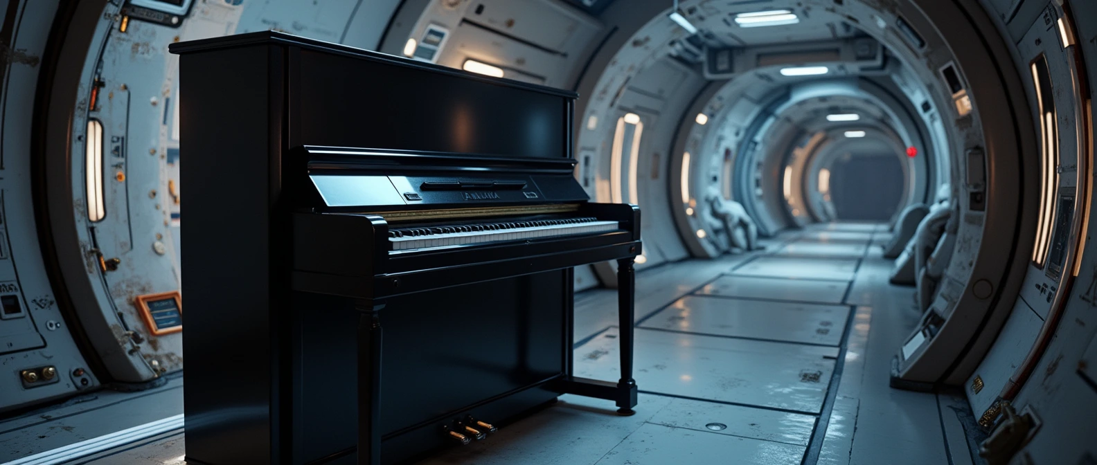 Piano in a futuristic space station corridor